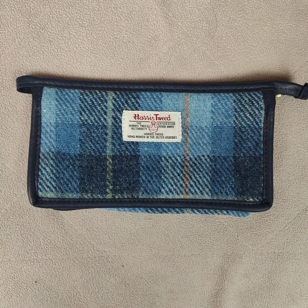 Harris Tweed Blue Plaid Leather Trimmed Zippered Pouch Cosmetic Bag Clutch